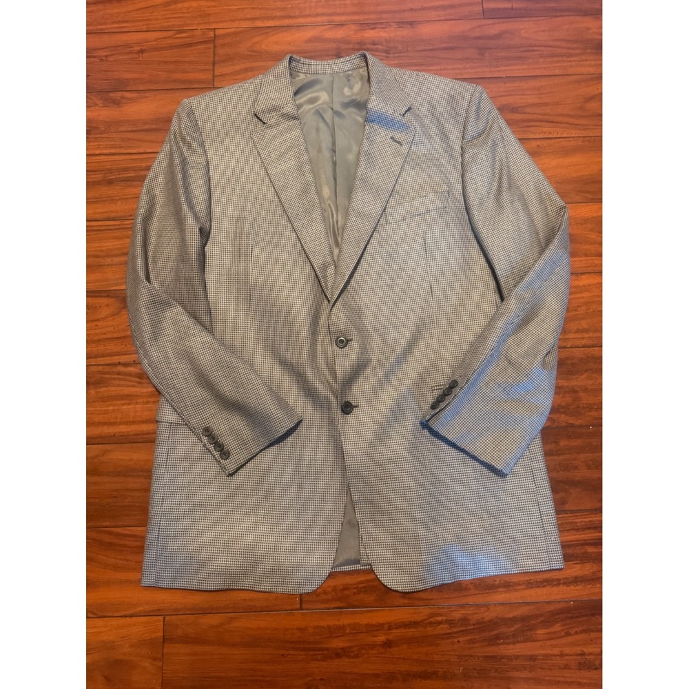 Hickey Freeman Mens 46L Silk Wool Houndstooth Blazer Sport Coat Grey Q481